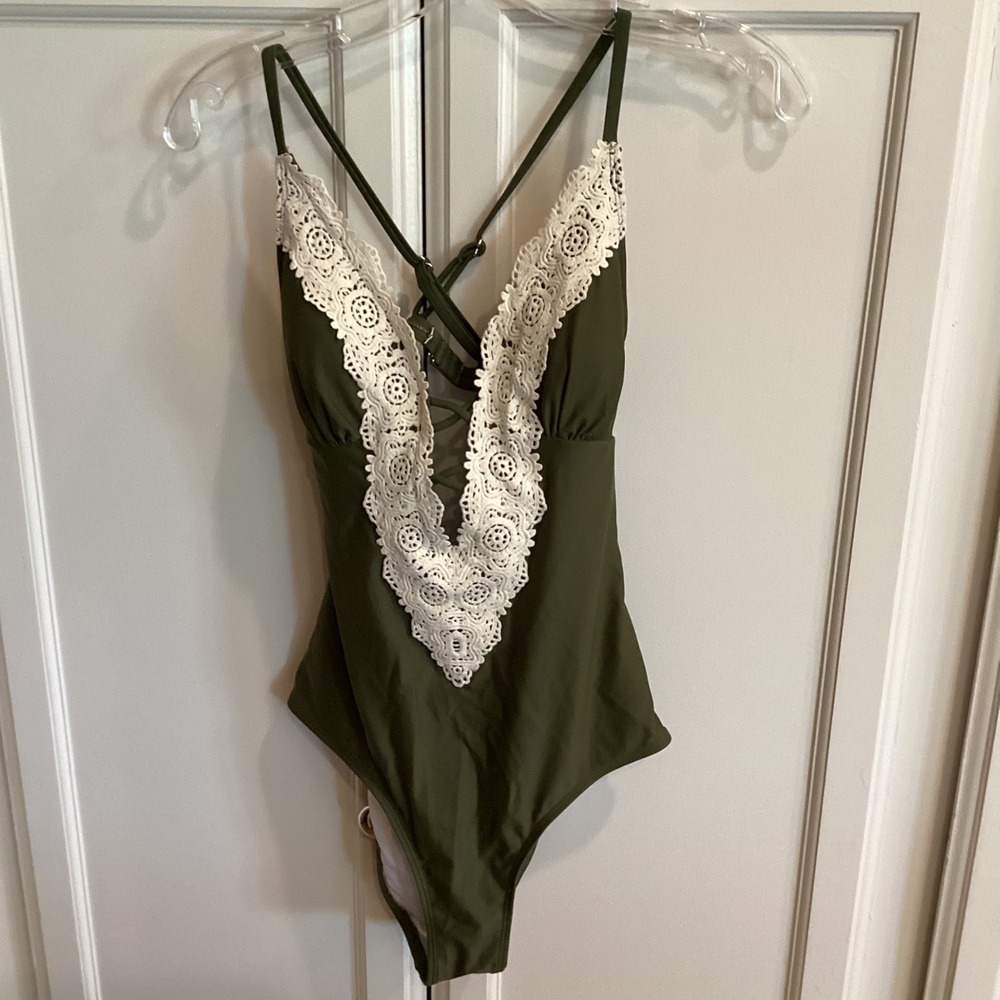 Olive Green One-Piece Swimsuit with White Lace Trim. Nwt.